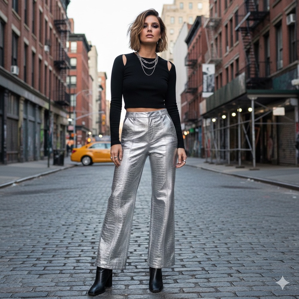 Anthropologie Avec Les Filles Metallic High Waist Crop Wide Leg Croc Embossed 10